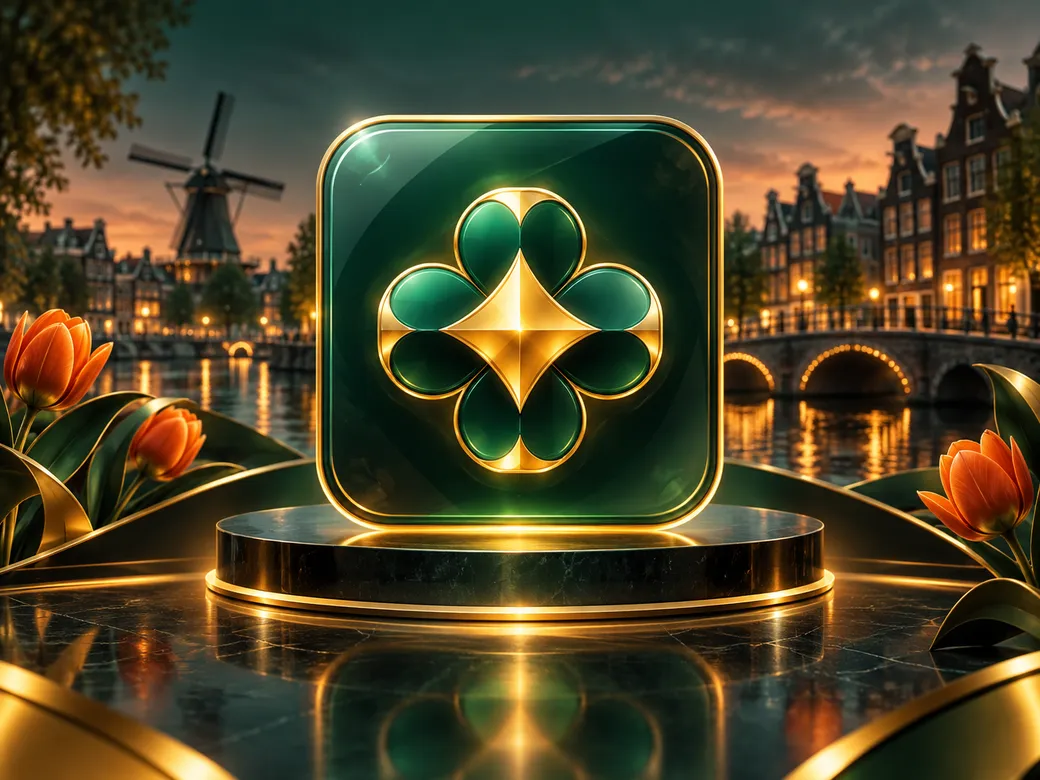 Abstract app icon being pinned to a glowing start screen, emerald green and gold tones, Dutch-themed luxury casino illustrati