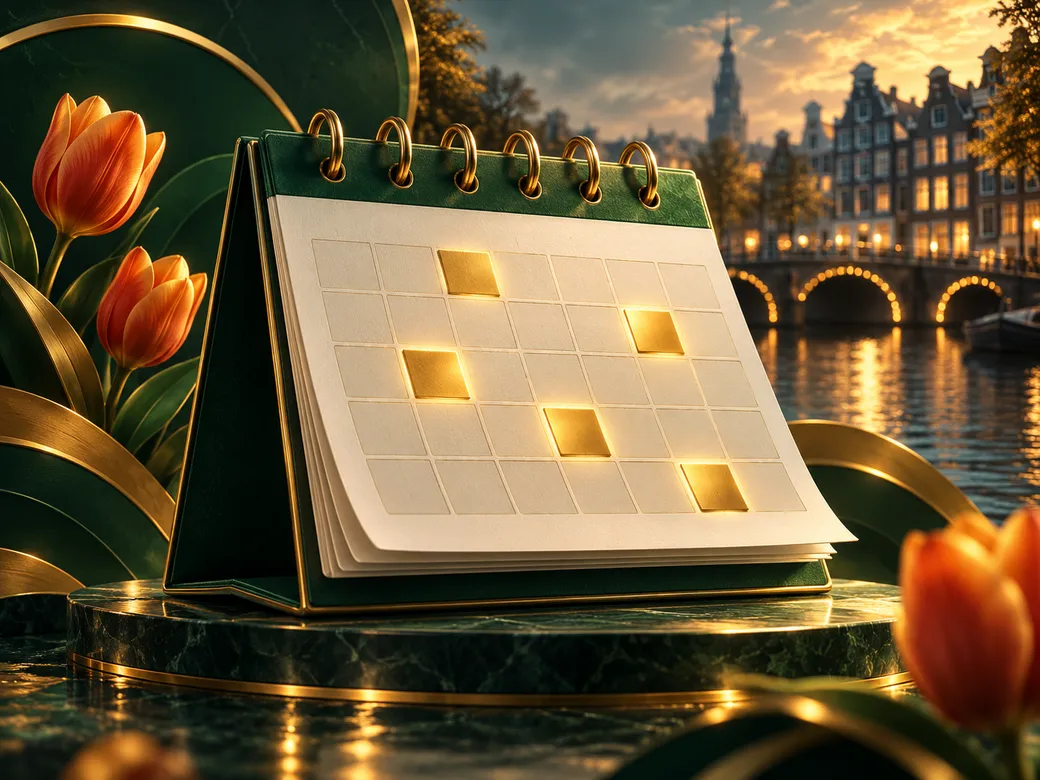 Luxurious abstract calendar with gold-highlighted marked days on deep emerald green background with subtle Dutch canal accent