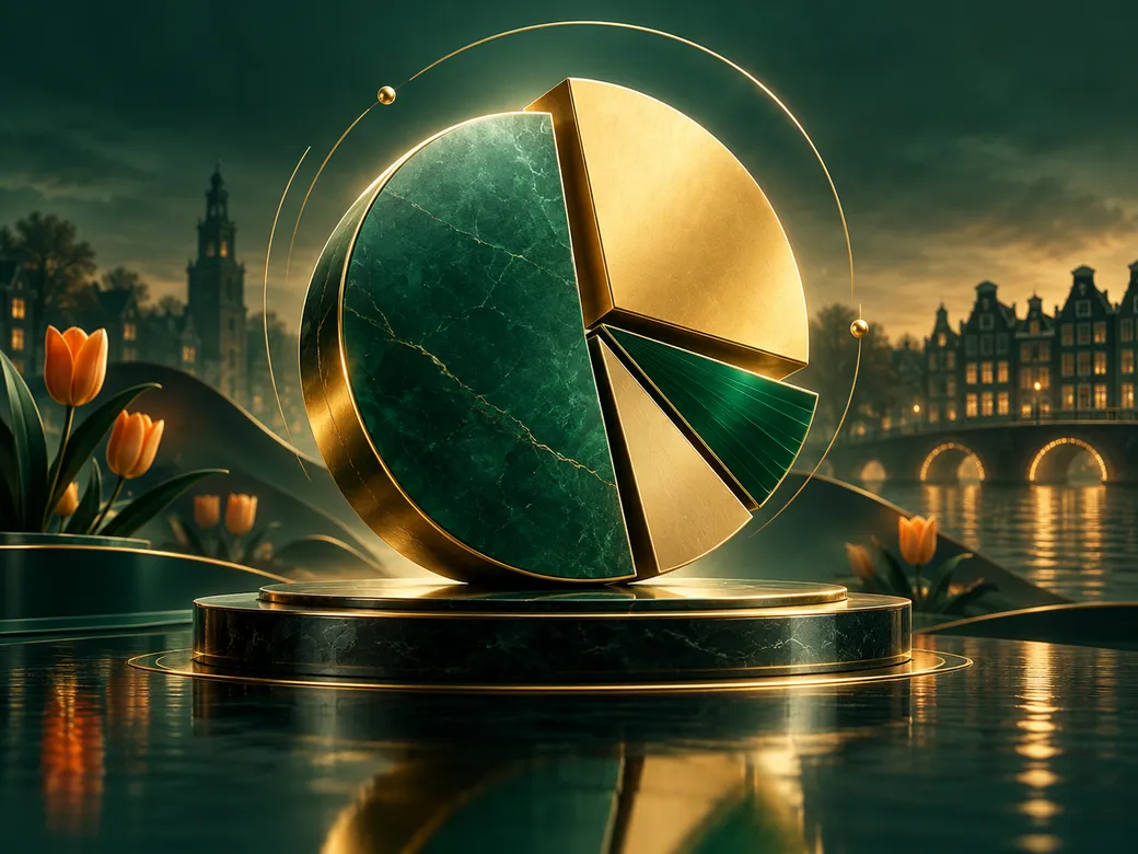 Abstract luxurious pie chart in rich gold and deep emerald green with soft cinematic lighting and subtle Dutch design accents