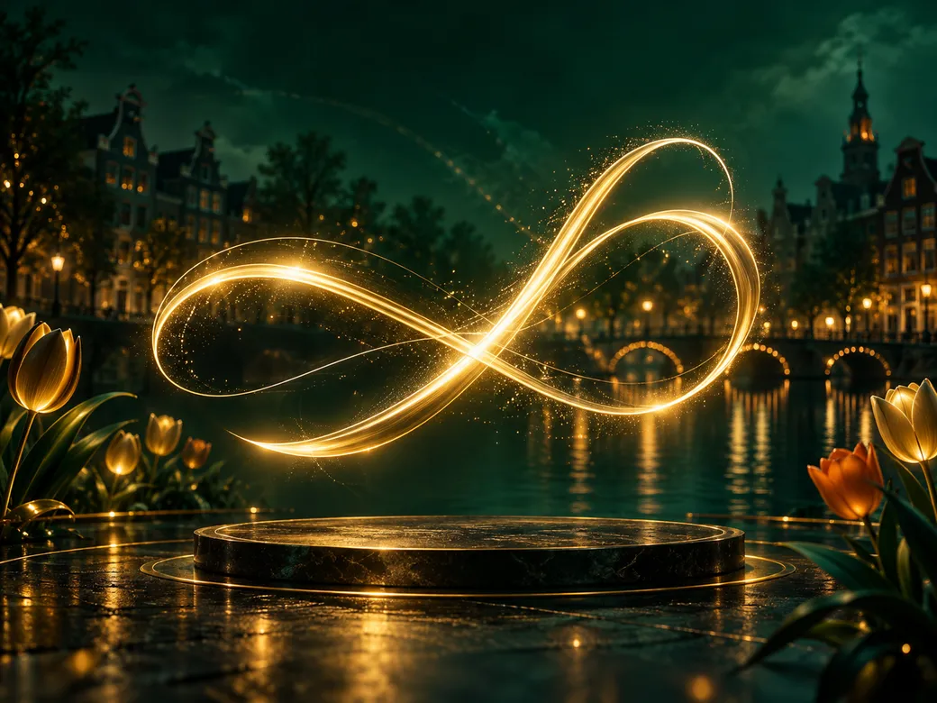 Abstract glowing signature line in gold light against deep emerald green, Dutch canal-house silhouette in background, luxurio