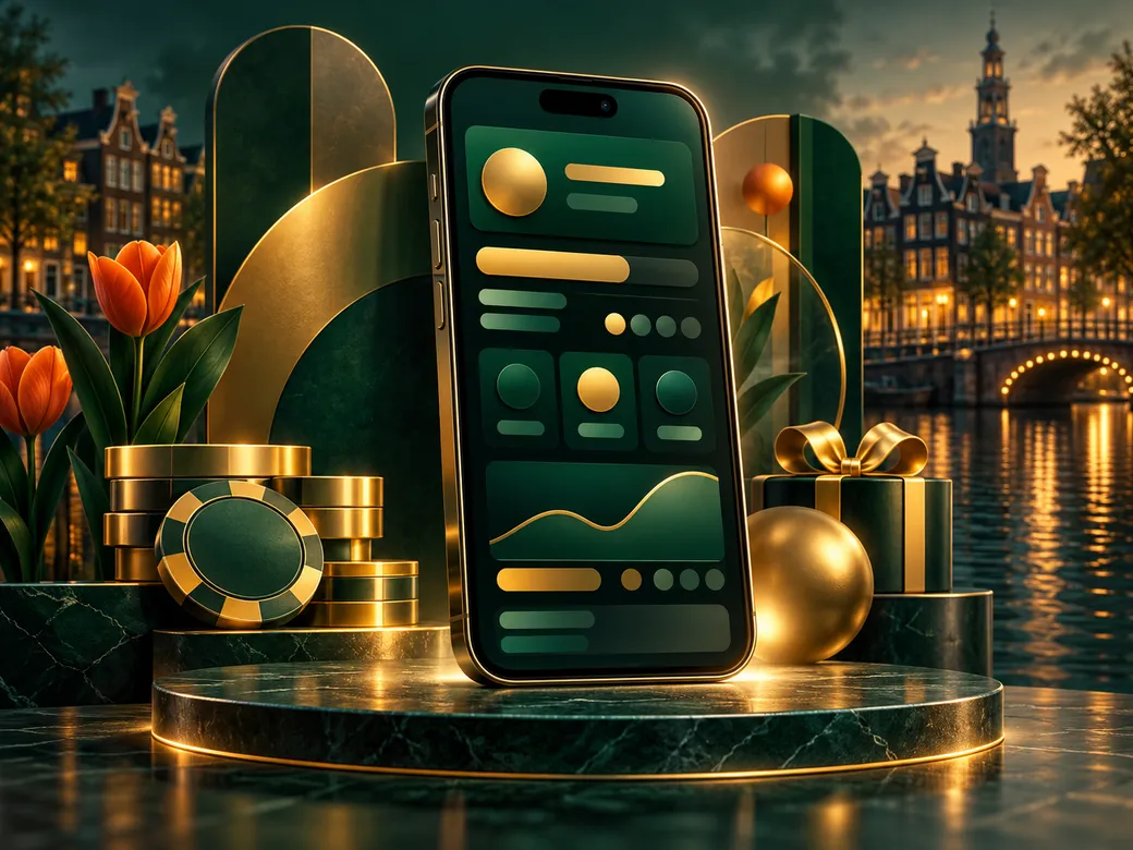 Abstract phone screen showing account overview in emerald green and gold tones with Dutch canal-house silhouette accents