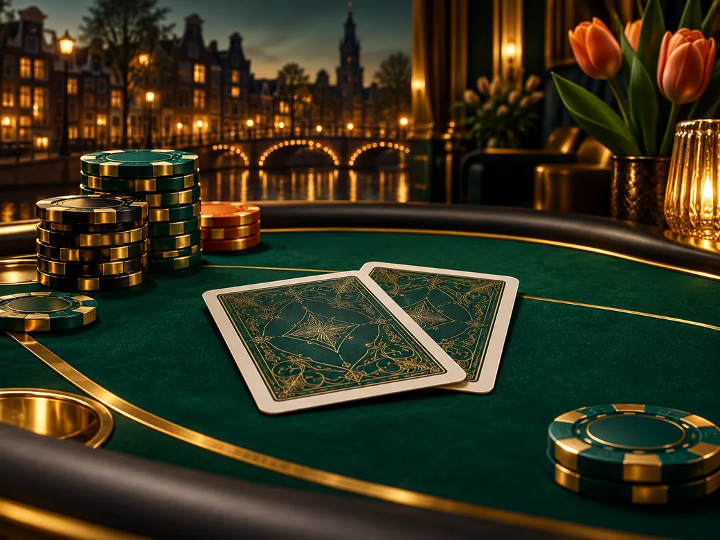 Premium editorial illustration of a blackjack hand dealt on deep emerald green felt with gold accents and cinematic soft ligh