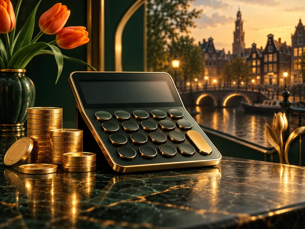 A premium editorial illustration of a sleek calculator beside gleaming gold coins on a deep emerald and charcoal background w