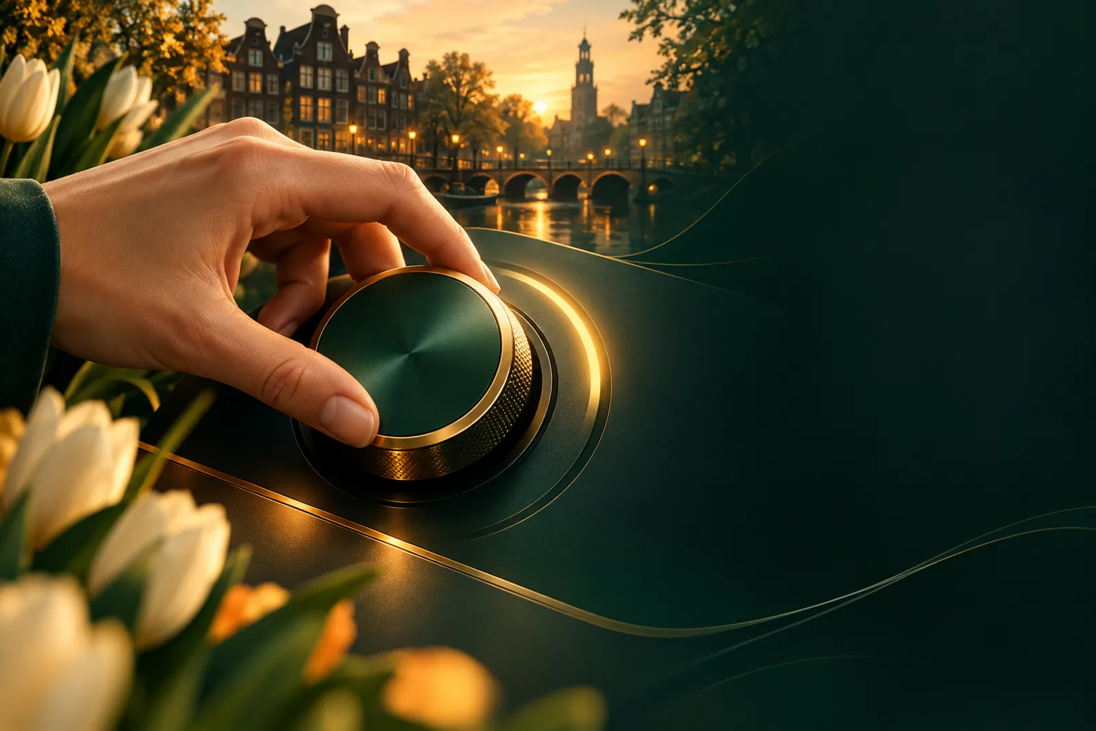 A calm hand turning a limit dial bathed in emerald green and gold light, abstract Dutch casino bonus hero banner