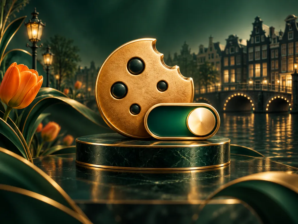 Minimal golden cookie icon beside a sleek toggle switch on deep emerald background with subtle Dutch design accents