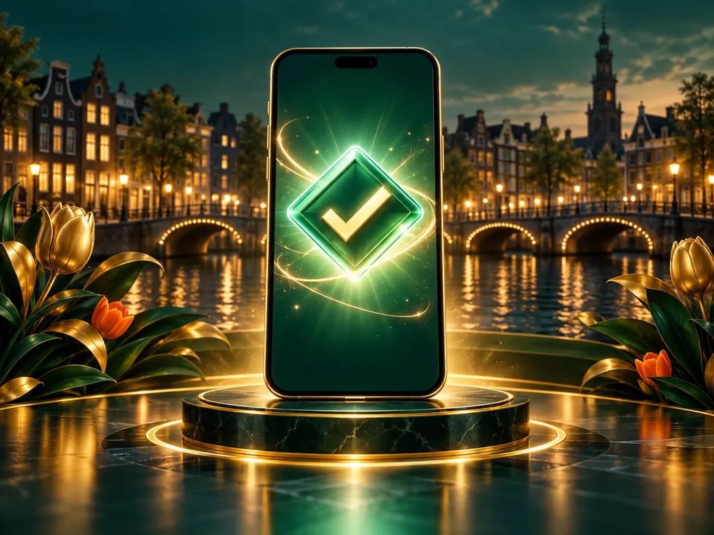 Luxurious editorial illustration of a smartphone displaying an abstract approval screen, emerald green and gold palette with 