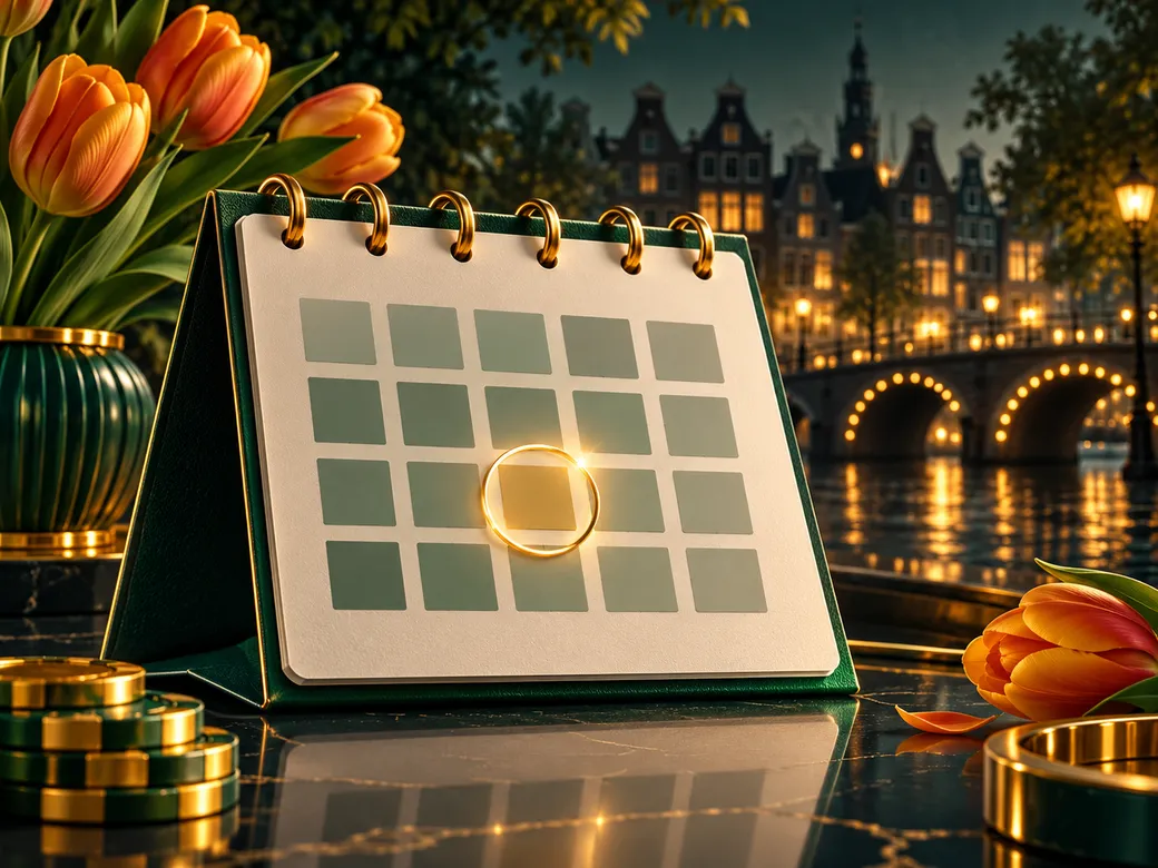 Luxurious abstract calendar with a gold-highlighted circled date, emerald green and charcoal background with Dutch canal-hous