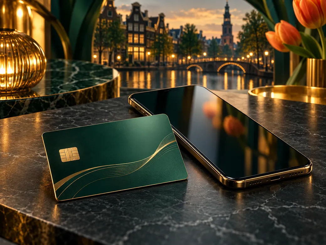A premium bank card and smartphone on a dark emerald table with gold accents and subtle Dutch canal-house silhouette in the b