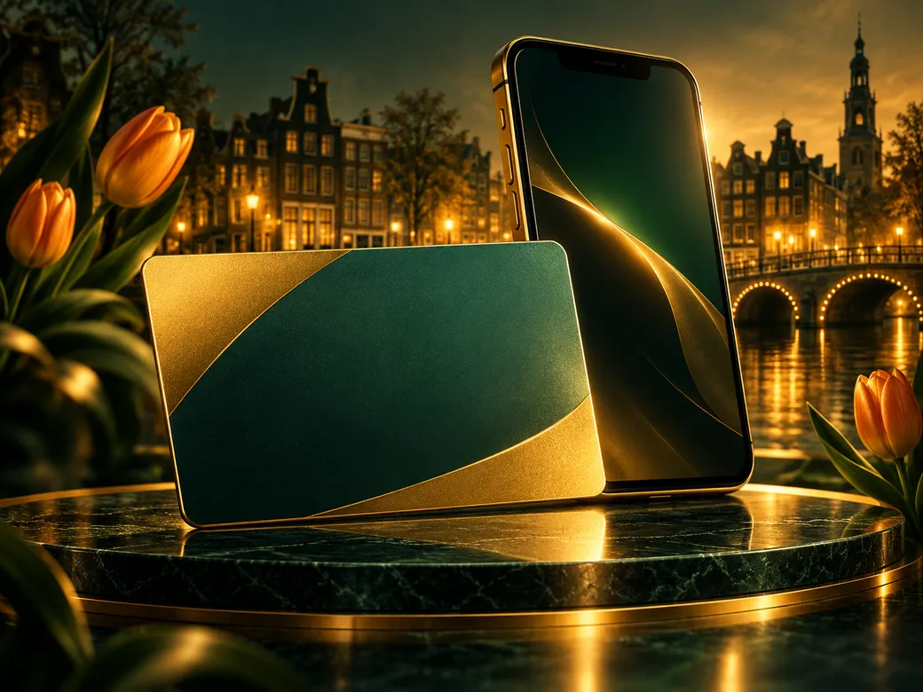 Premium editorial illustration of a bank card and smartphone with warm golden light on a deep emerald green background with D