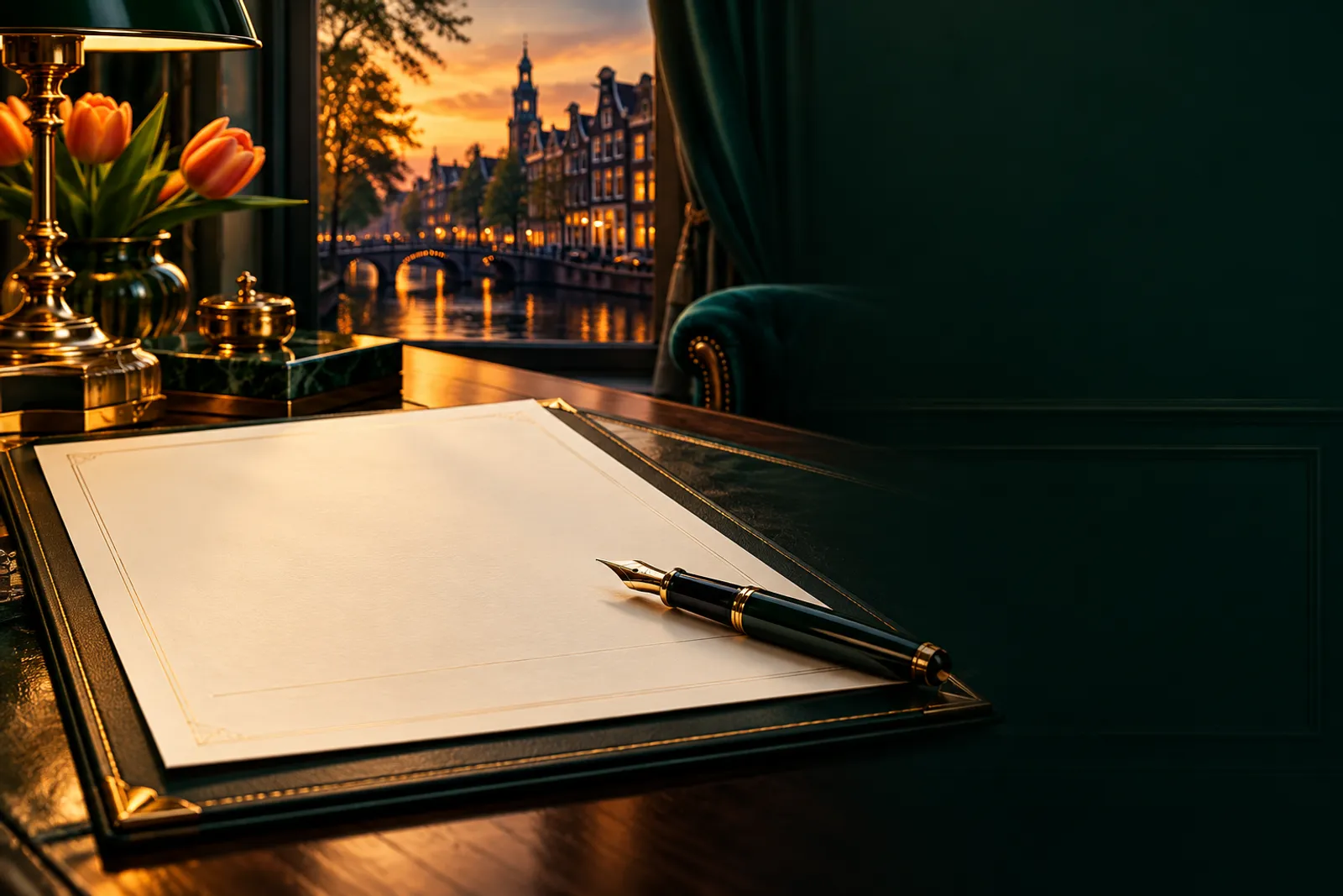 Premium editorial illustration of a contract document and pen on a dark emerald desk with gold accents for a Dutch casino bon