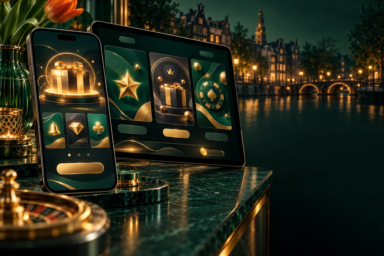 Smartphone and tablet on deep emerald desk displaying abstract bonus page, gold accents, Dutch canal-house silhouette backgro