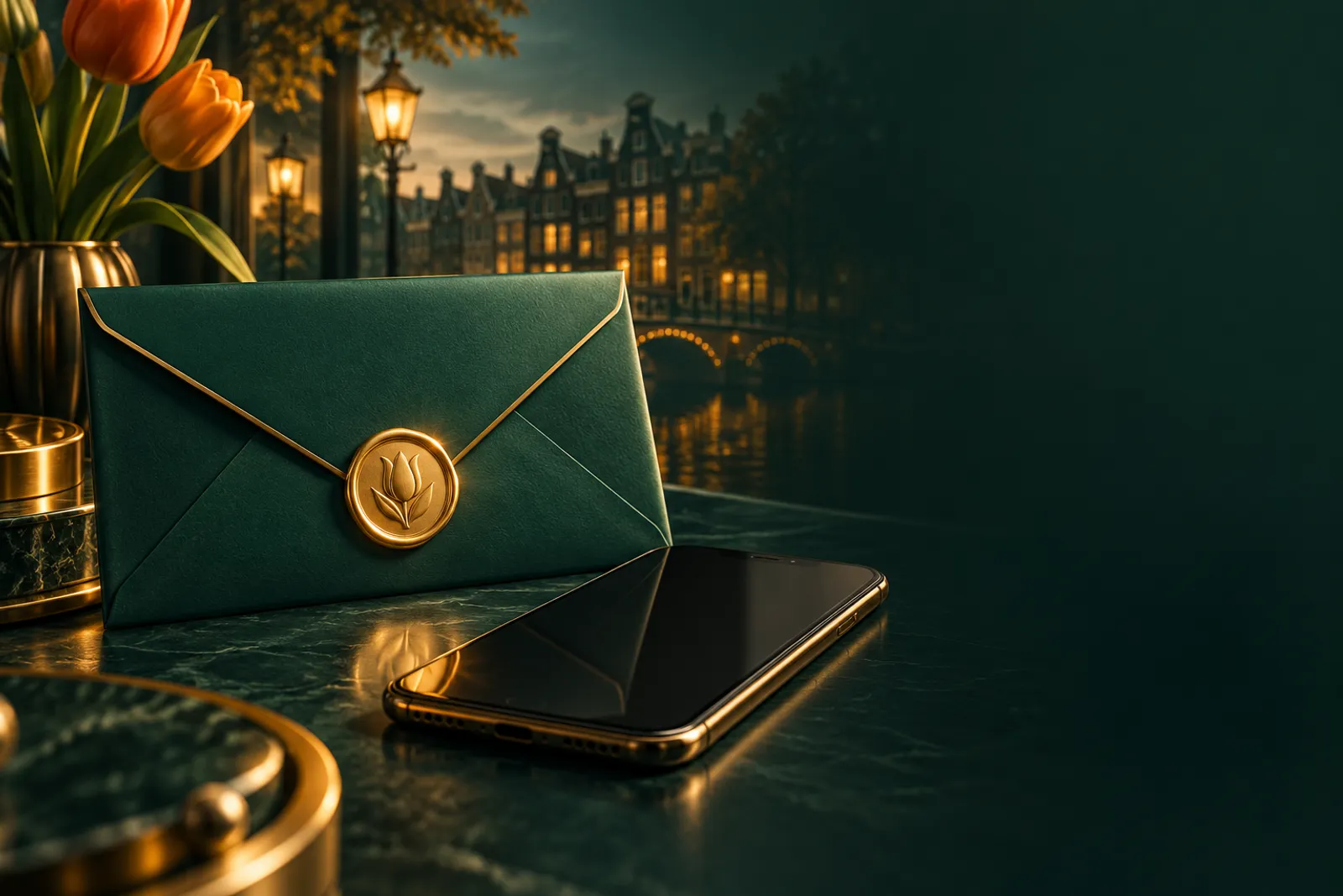 Premium envelope and smartphone on a deep emerald green desk with gold accents and Dutch canal-house silhouette in the backgr