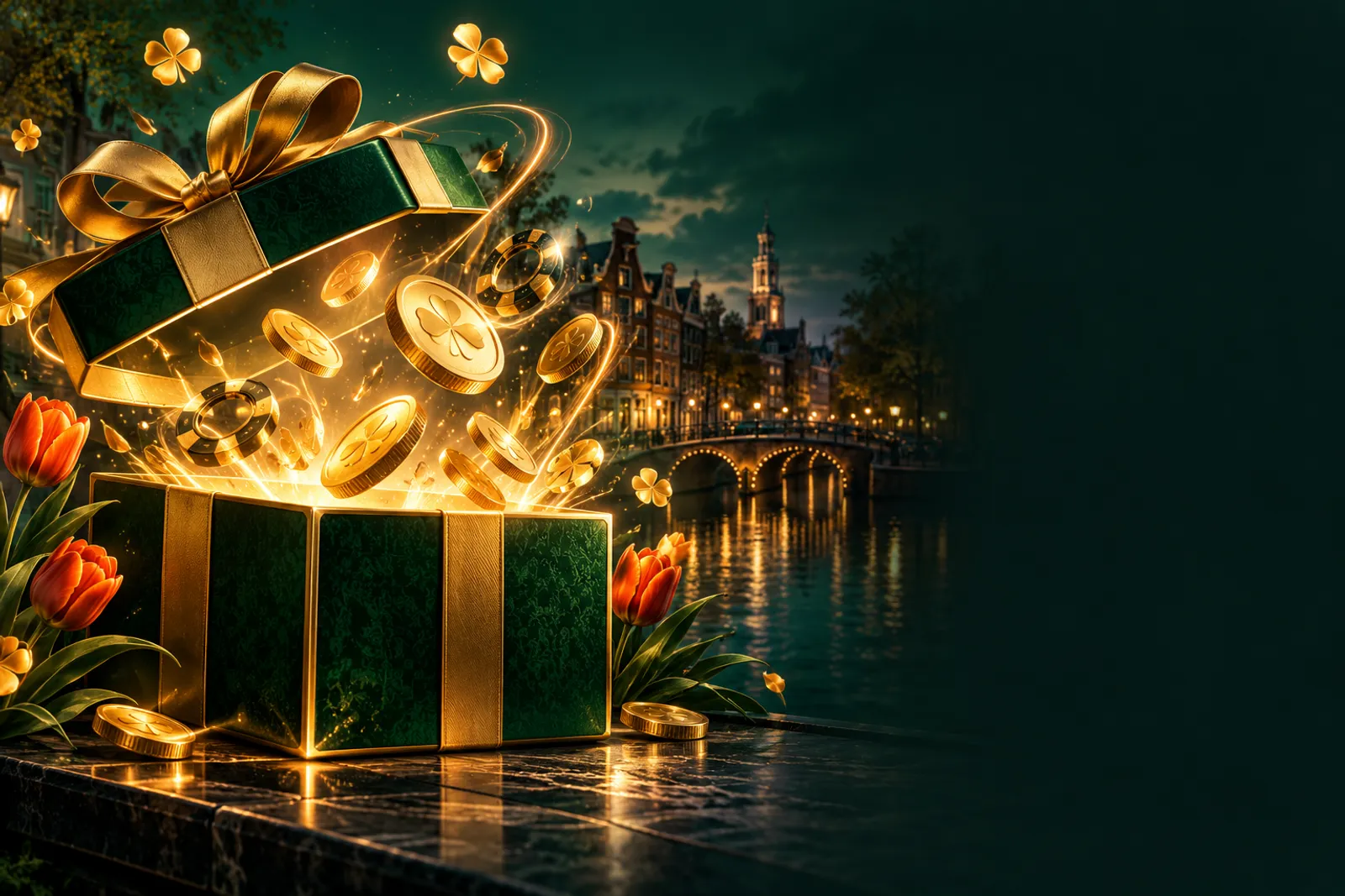 Luxurious dark emerald and gold open gift box with floating golden coins and abstract free spins symbols, premium casino bonu