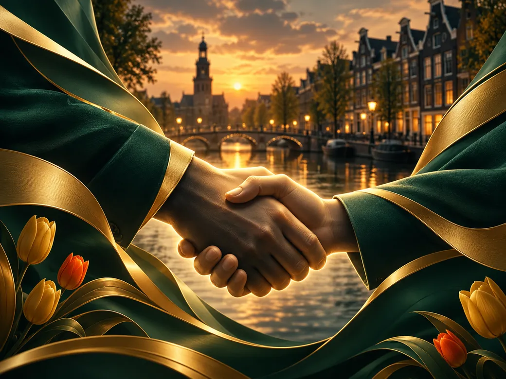 Abstract handshake silhouette in deep emerald and rich gold tones with subtle Dutch canal-house and tulip accents, luxurious 