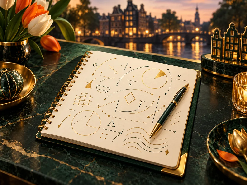 Luxurious semi-realistic notepad with abstract markings on deep emerald green and charcoal background, gold highlights, subtl