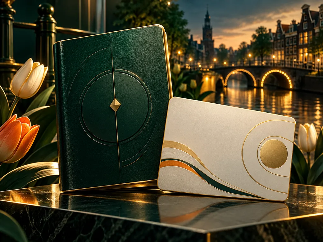 Abstract passport and account form illustration with gold accents on deep emerald green, evoking secure Dutch online casino i