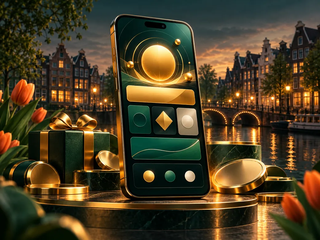 Luxurious semi-realistic illustration of a smartphone displaying an abstract action screen with emerald green and gold tones 
