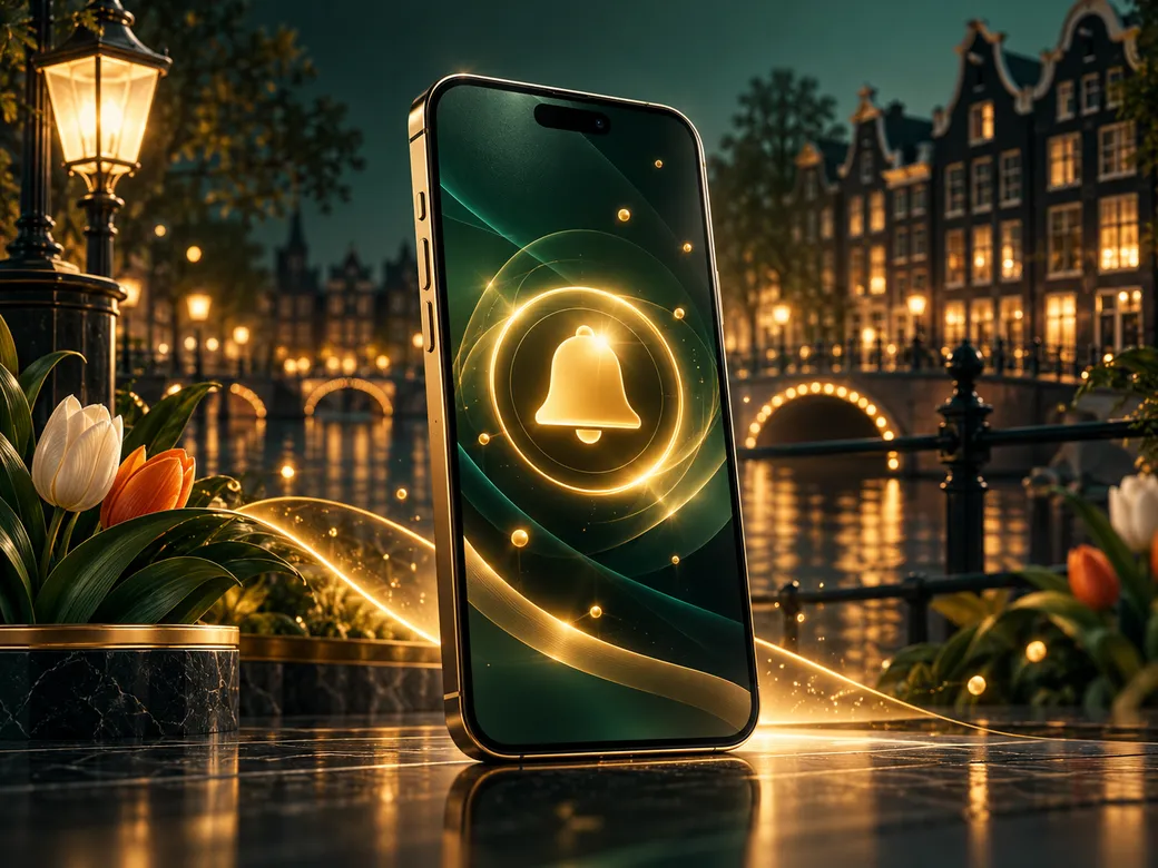 Luxurious smartphone with abstract notification glow on deep emerald and charcoal background with gold accents and subtle Dut