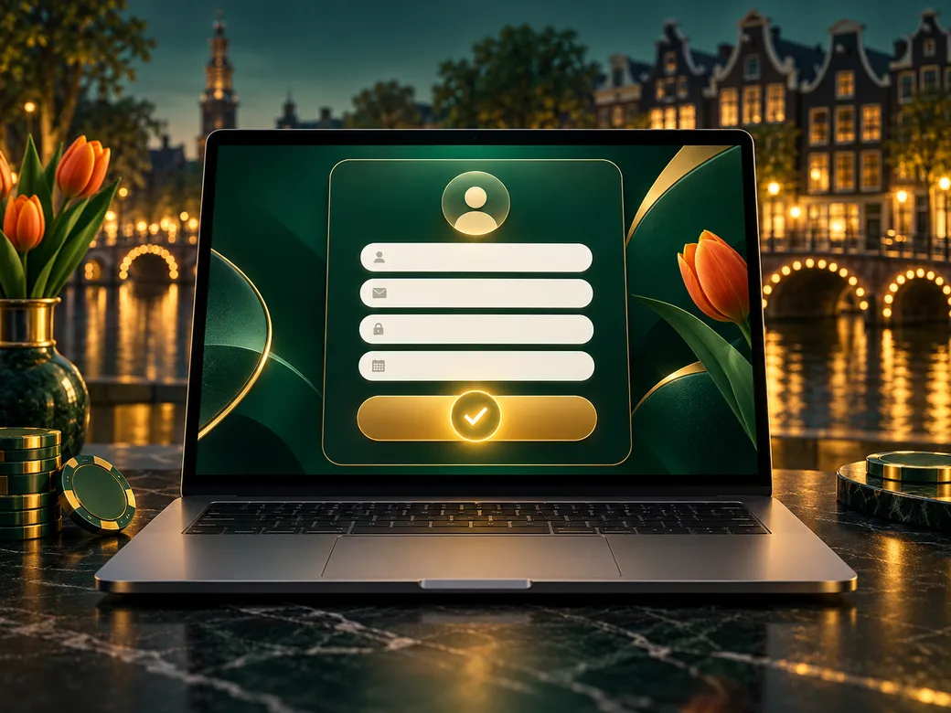 Luxurious semi-realistic illustration of a laptop displaying an abstract registration form, emerald green and gold palette wi