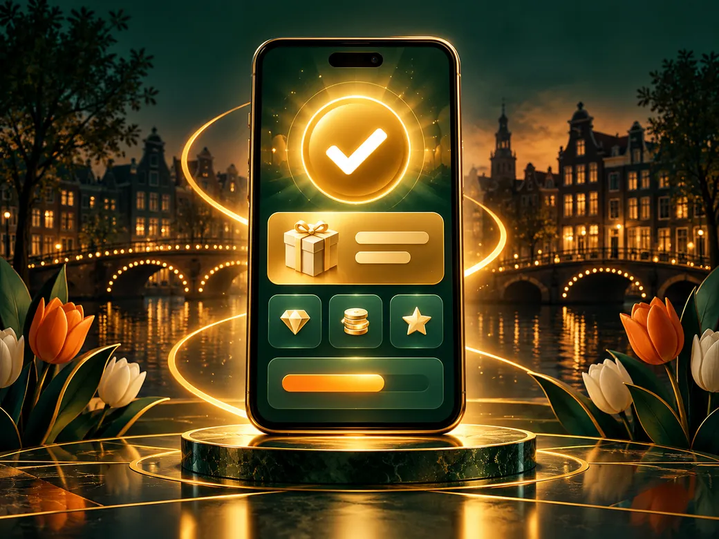 Luxurious smartphone displaying an abstract bonus page with golden checkmark, emerald and gold tones with subtle Dutch canal-