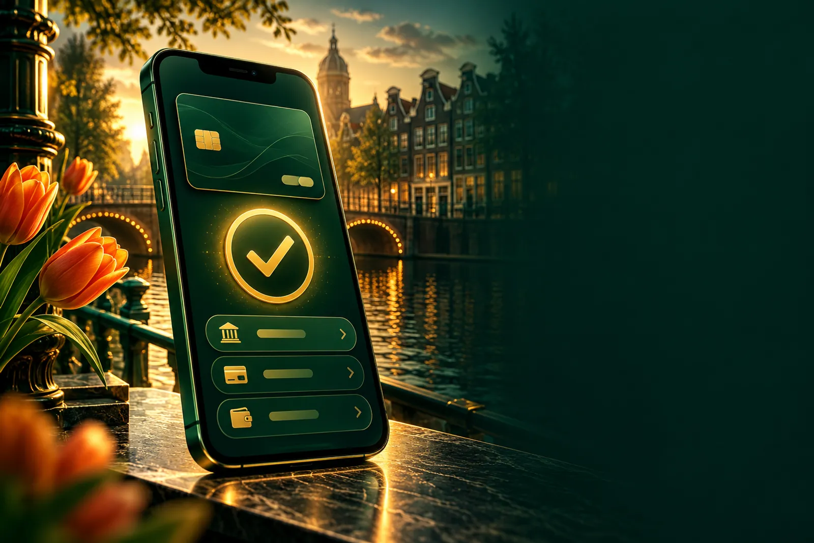 Premium editorial illustration of a smartphone displaying an abstract payment screen with a golden bonus checkmark, deep emer