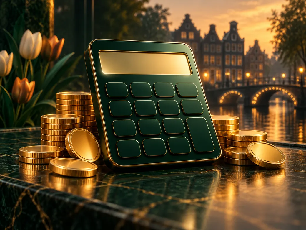 Luxurious abstract illustration of a calculator and gold coins on deep emerald and charcoal background with golden highlights