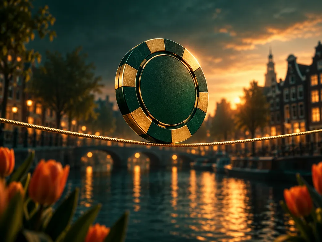 Abstract close-up of a single casino chip balanced on a line, emerald green and gold tones with soft cinematic lighting