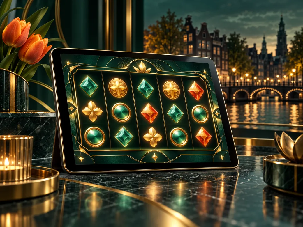 Luxurious digital illustration of a glowing demo slot game on a tablet, emerald green and gold palette with subtle Dutch cana