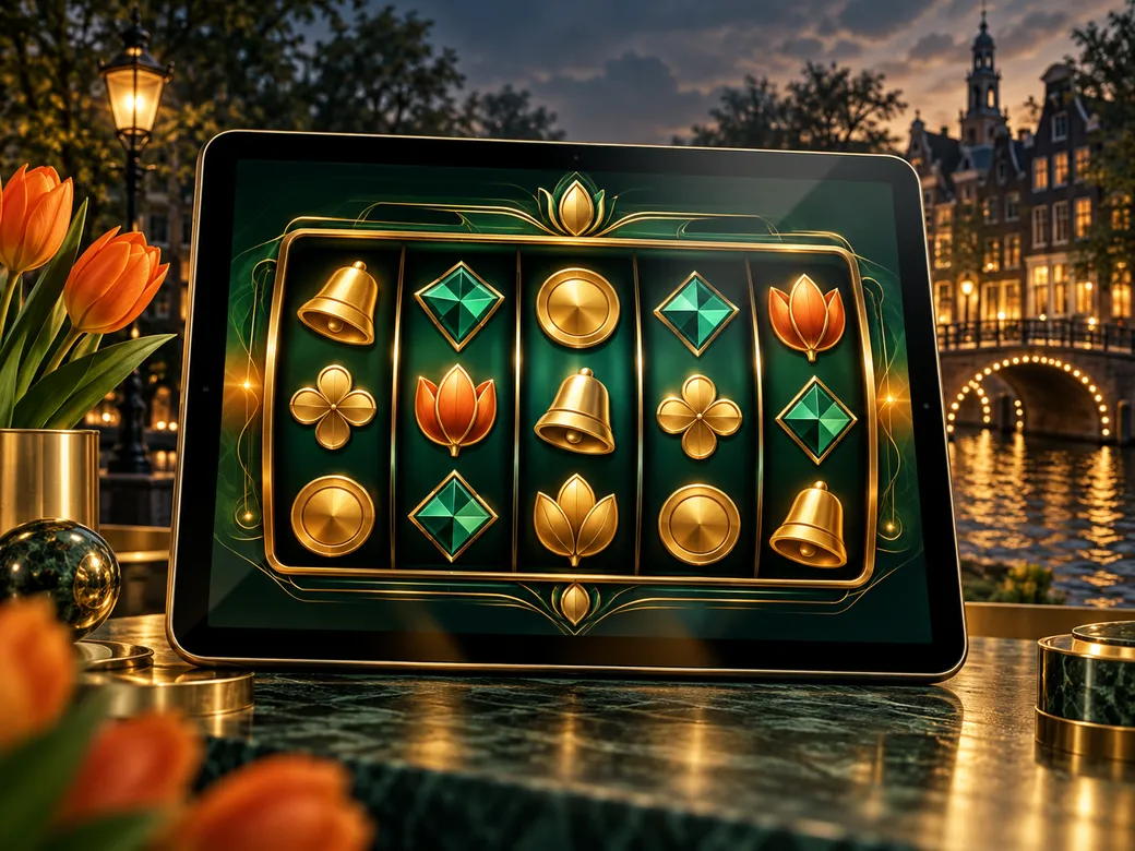 Luxurious semi-realistic illustration of a demo slot game on a tablet with emerald green and gold palette, subtle Dutch canal