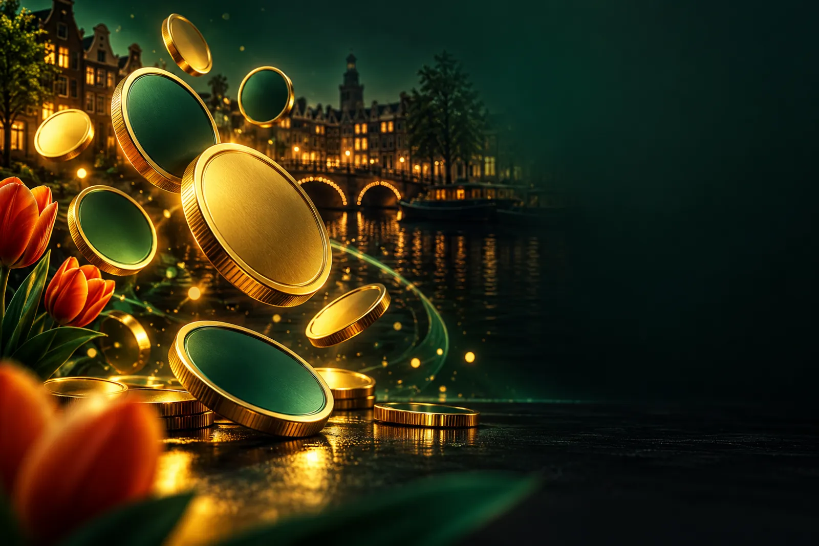Floating gold and green crypto coins above a dark surface with emerald and charcoal tones, Dutch-inspired luxury casino banne