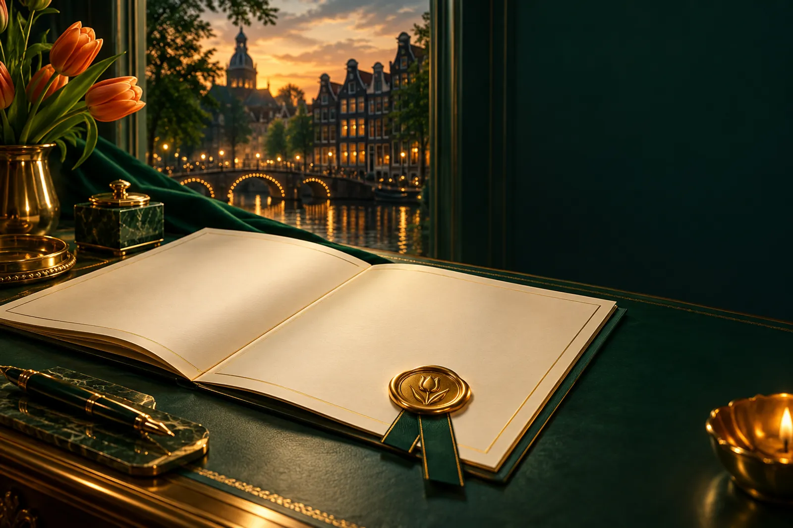 Open document with a golden wax seal on a deep emerald green desk, luxurious semi-realistic editorial illustration with subtl