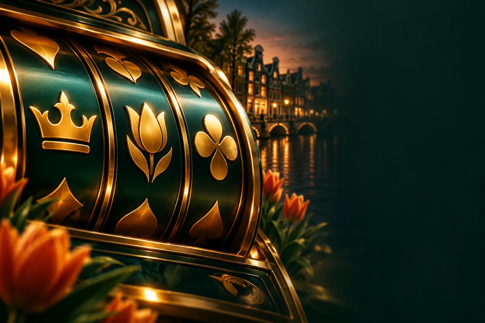 Close-up of abstract premium slot reels with gold symbols on deep emerald green background, cinematic casino bonus banner