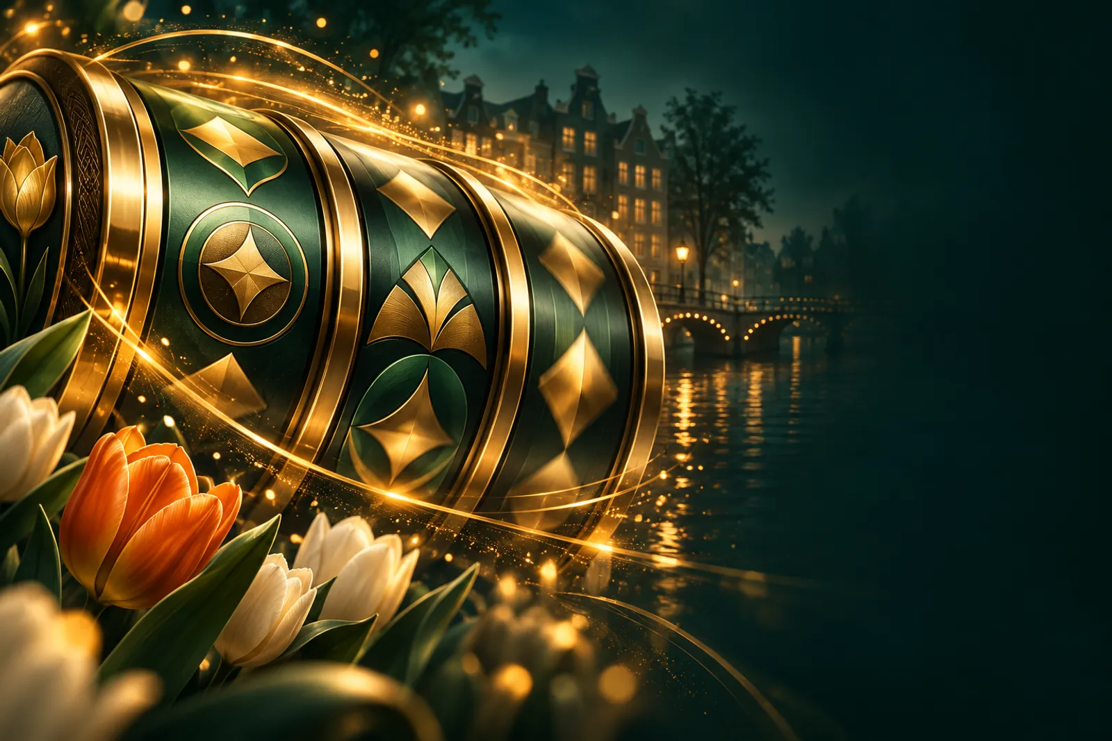 Abstract premium slot reels spinning with golden sparks on deep emerald green background, luxurious Dutch casino bonus hero b