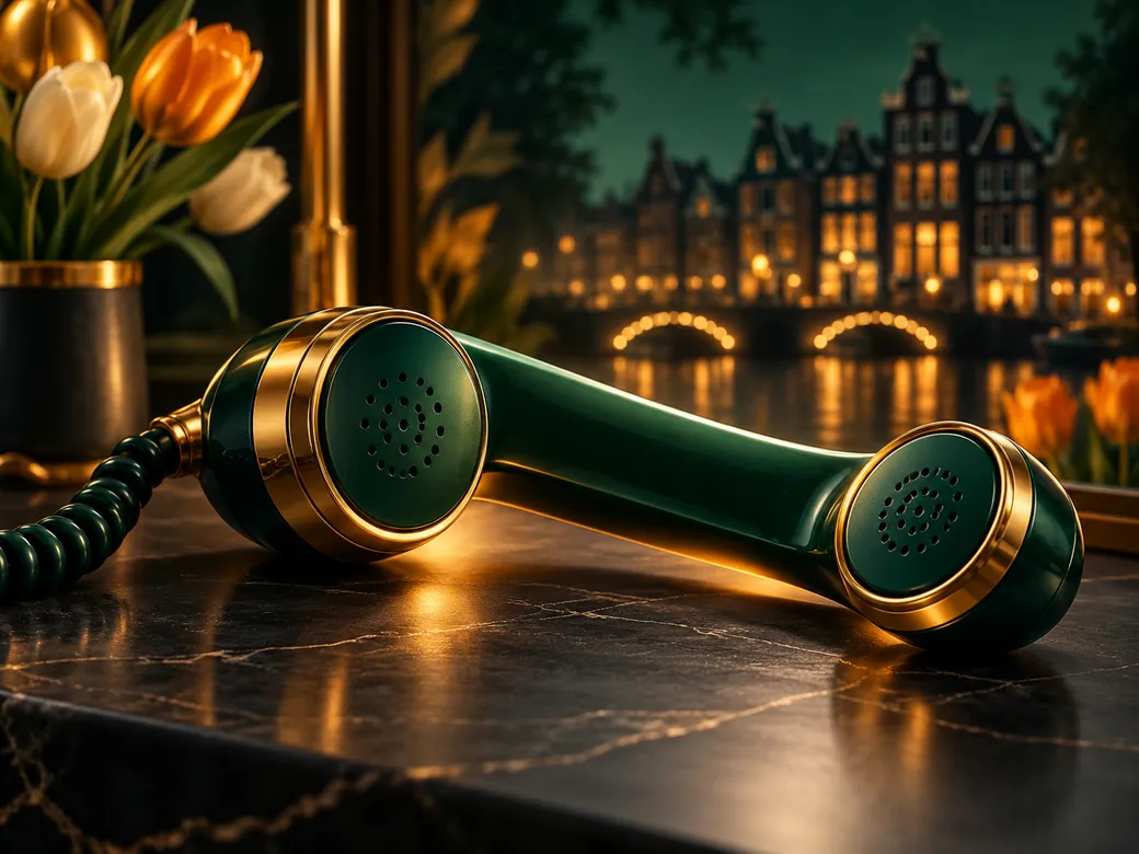 Luxurious gold-accented classic telephone handset resting on a dark emerald table with soft cinematic lighting and subtle Dut