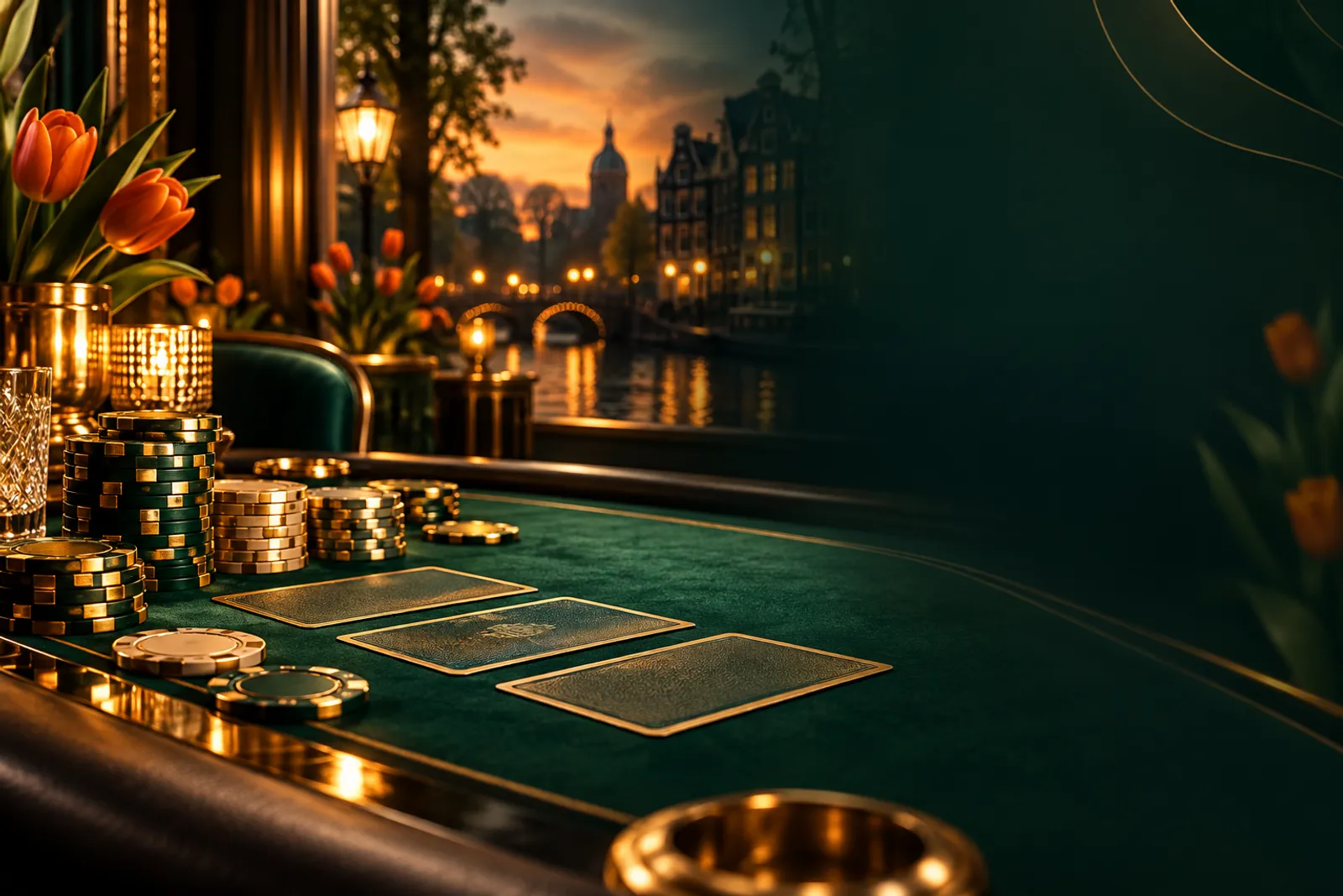 Luxurious live dealer table from player perspective with abstract cards and chips bathed in emerald green and gold cinematic 