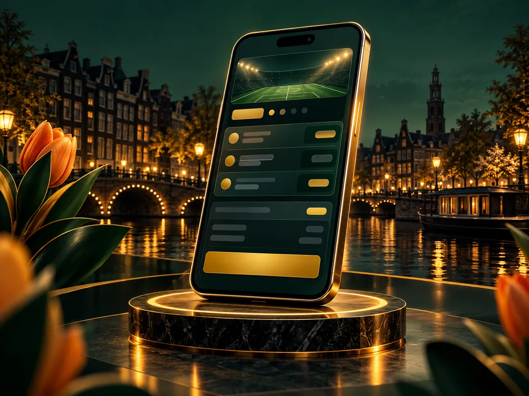 Luxurious digital illustration of a smartphone displaying an abstract betting slip, emerald green and gold palette with subtl