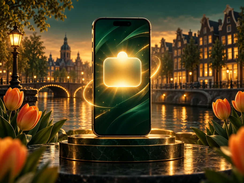 Luxurious smartphone with abstract notification glow on deep emerald background, gold highlights, subtle Dutch canal-house si