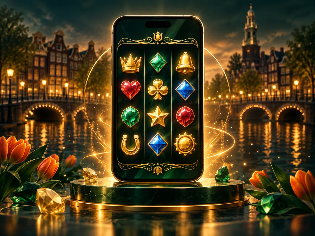 Luxurious digital illustration of a smartphone displaying an abstract slot game, emerald green and gold palette with subtle D