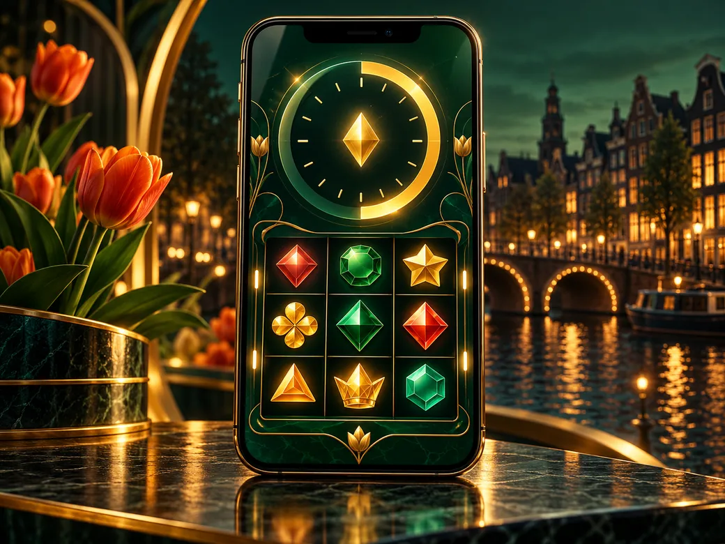 Luxurious editorial illustration of a smartphone displaying an abstract slot game with a countdown timer, emerald green and g