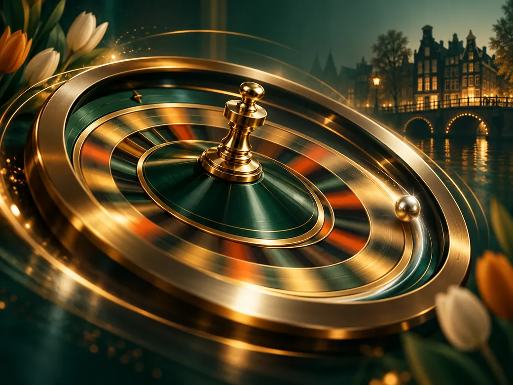 Abstract roulette wheel in motion, emerald green and gold palette, cinematic soft lighting with subtle Dutch canal-house silh