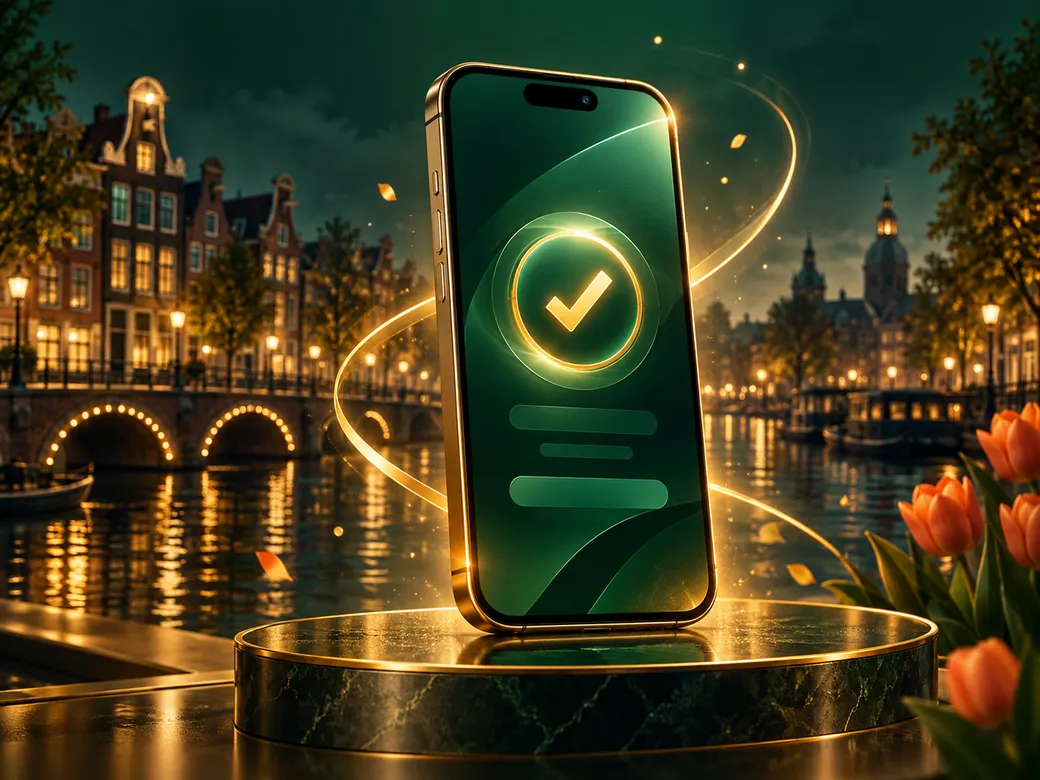 Luxurious digital illustration of a smartphone displaying an abstract bank payment confirmation screen, deep emerald and gold