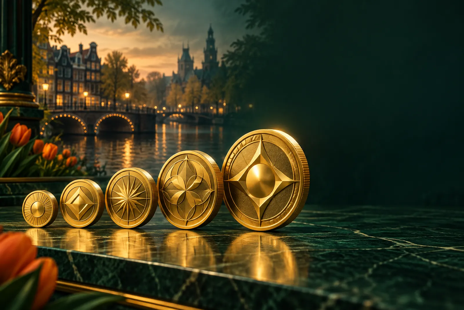 Five golden coins arranged in ascending size on a deep emerald green table with warm cinematic lighting and subtle Dutch desi