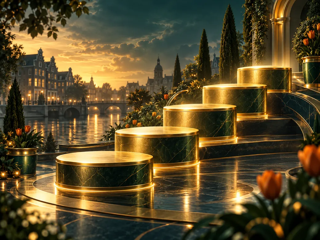 Five gleaming gold steps rising upward against a deep emerald background, symbolising progressive casino deposit bonus levels