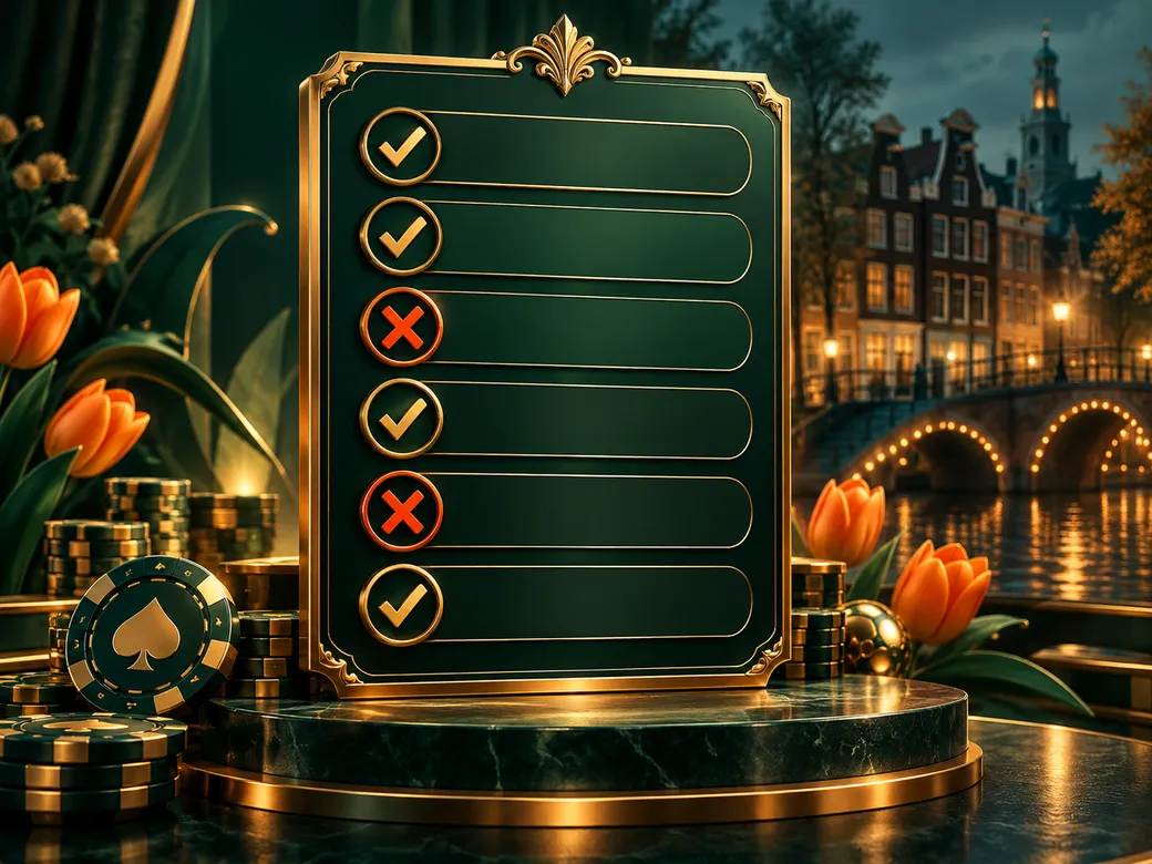 Luxurious gold and emerald checklist with checkmarks and crosses on a deep green background with Dutch canal-house accents