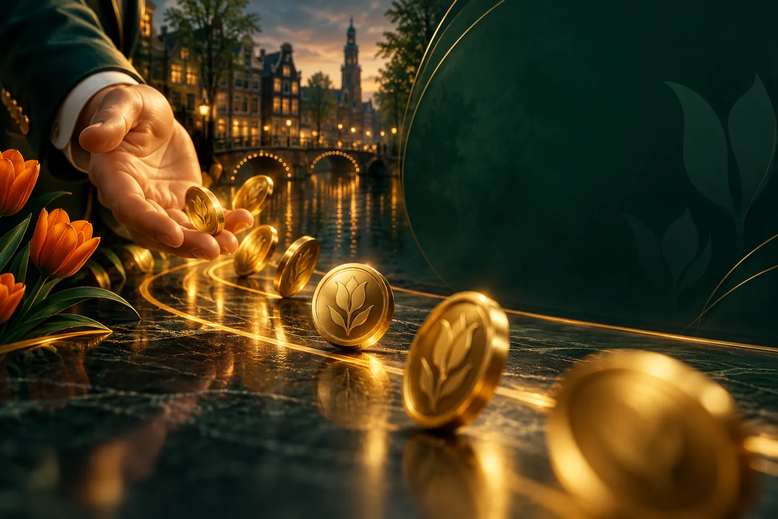 Gold coins rolling back into an outstretched hand on a deep emerald green background, cashback concept illustration
