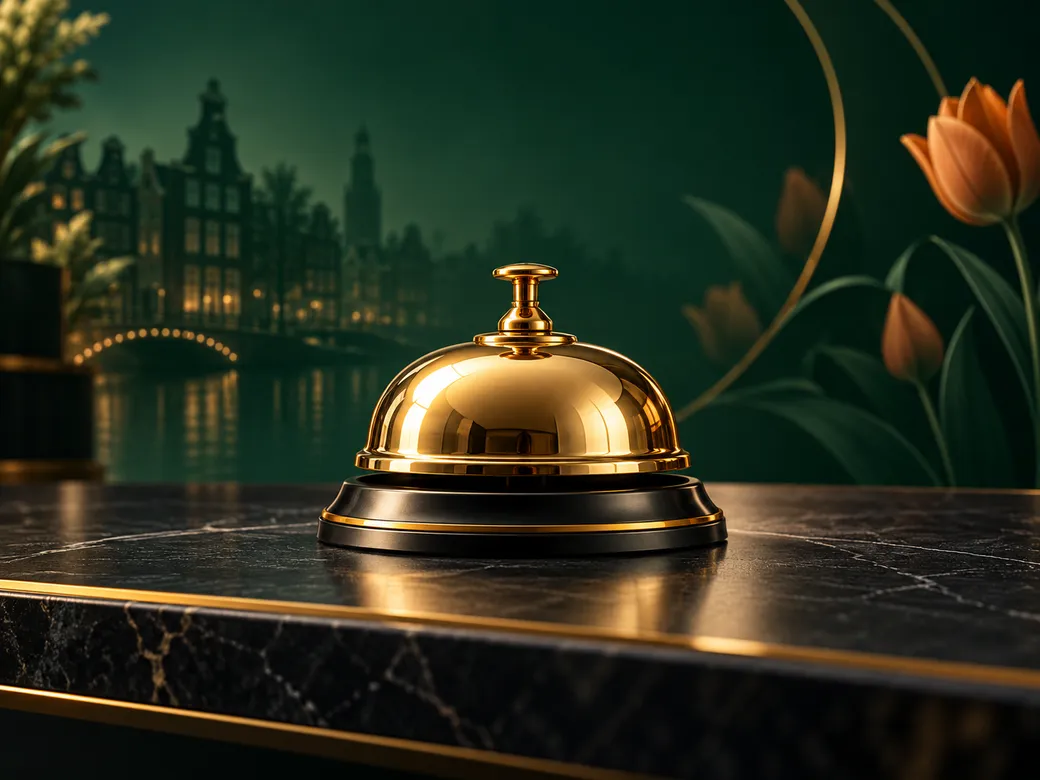 Gleaming gold concierge bell resting on a dark emerald desk, soft cinematic lighting, luxurious minimal composition