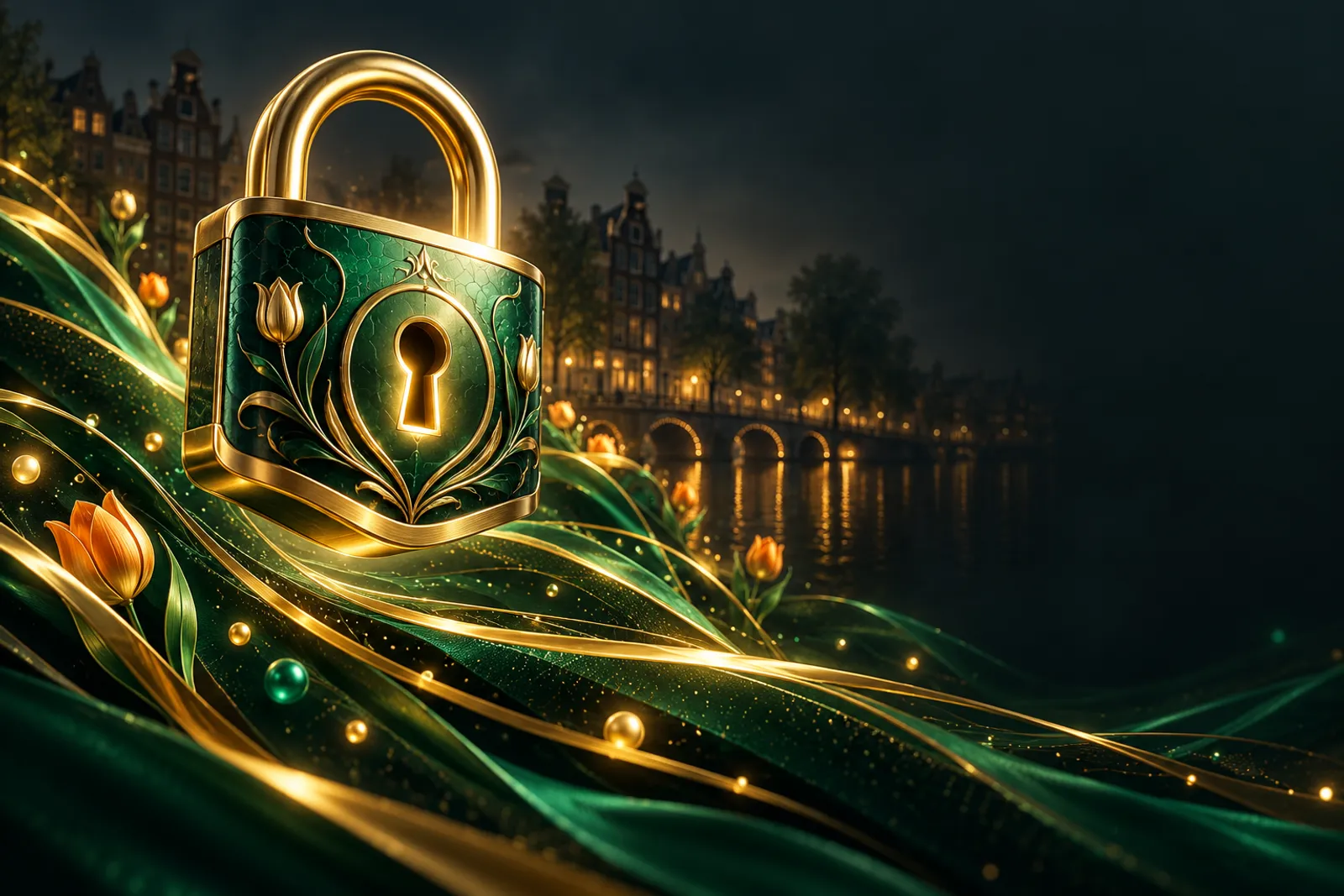Premium gold padlock hovering above glowing emerald and gold abstract data streams on a deep green background