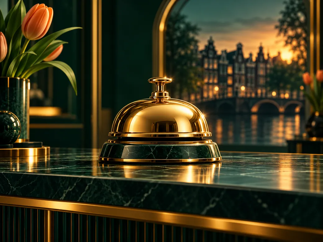 Minimalist gold reception bell on deep emerald background with subtle Dutch canal-house silhouette and warm cinematic lightin