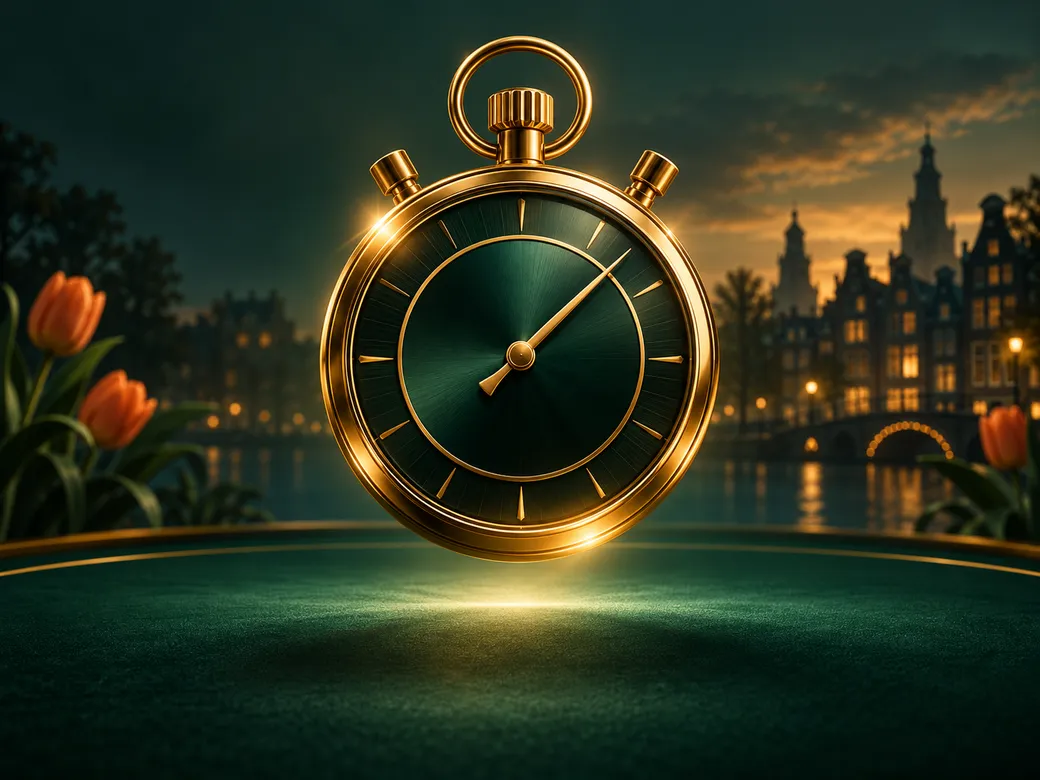 Luxurious golden stopwatch hovering above a deep emerald green field, cinematic soft lighting, Dutch canal-house silhouette i