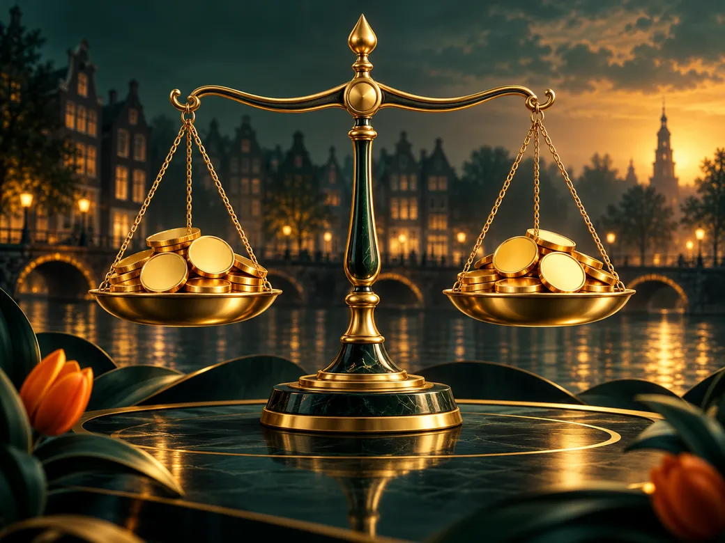 Luxurious golden balance scale with stacked coins on both sides, deep emerald background with subtle Dutch canal-house silhou